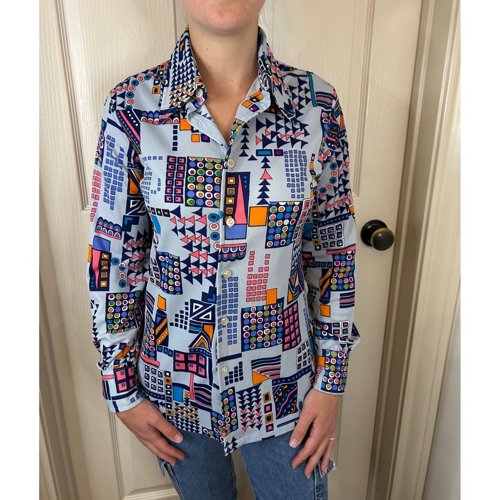 Roberto Firenze Vintage 70s Geometric Abstract Print Button Up Shirt Blue Multi